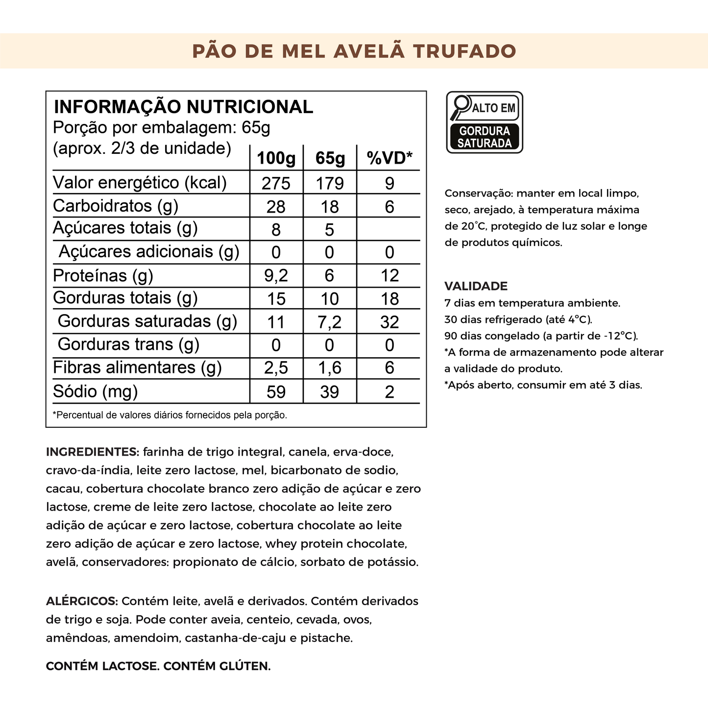 Pão de Mel Sem Adição de Açúcares - Avelã Trufado com Whey Protein | 100g