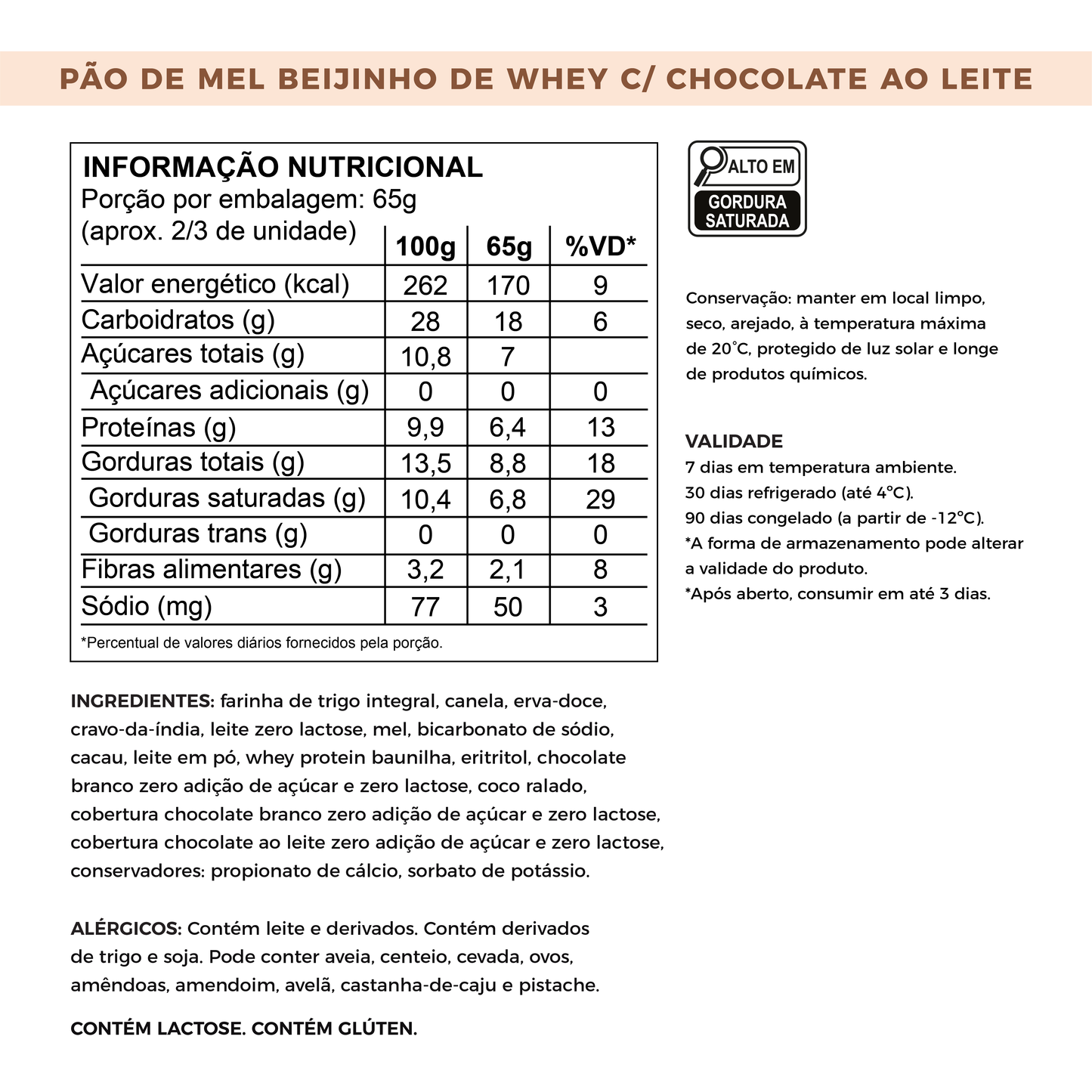 Pão de Mel Sem Adição de Açúcares - Beijinho com Whey Protein | 100g