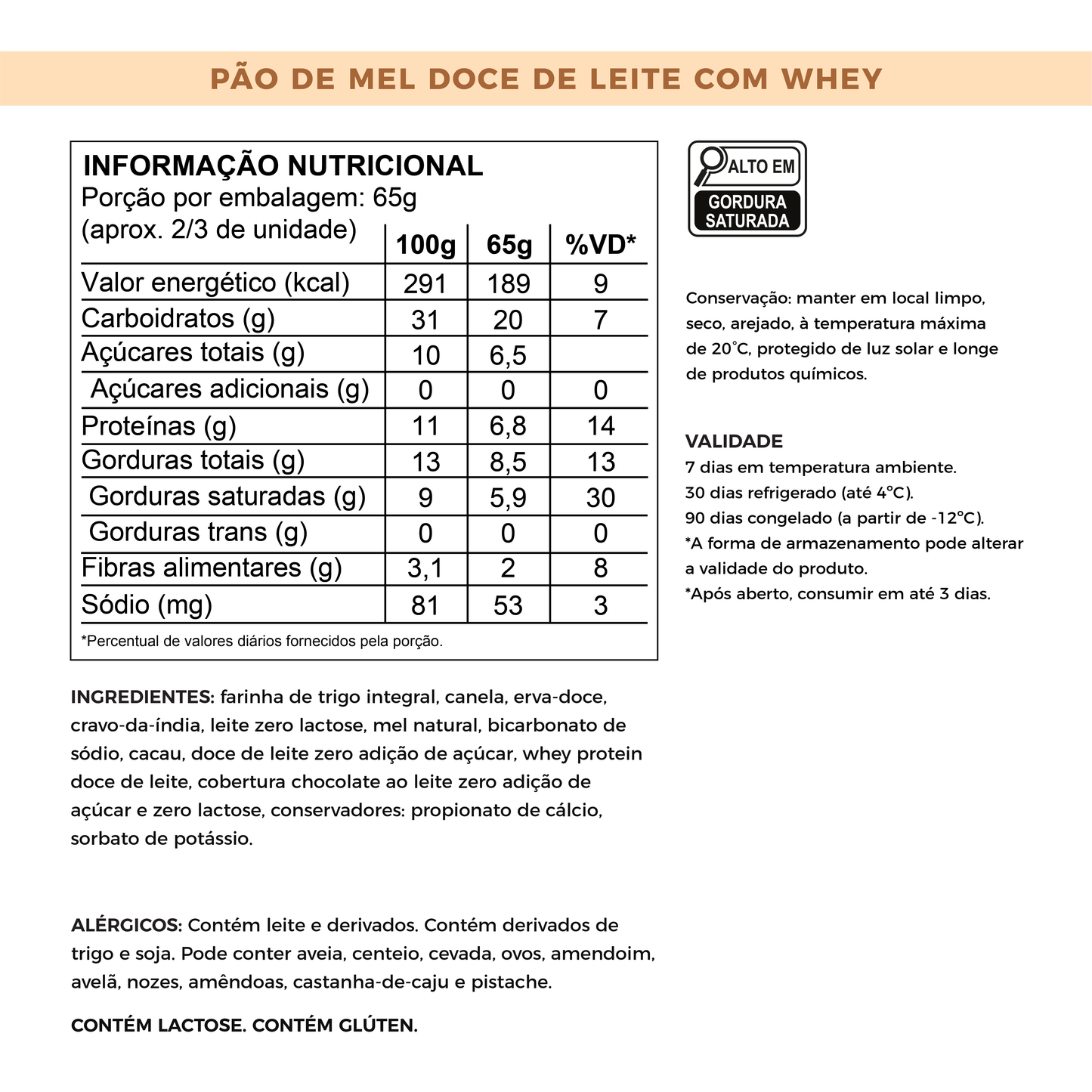Pão de Mel de Doce de Leite - Sem Adição de Açúcares com Whey Protein | 100g