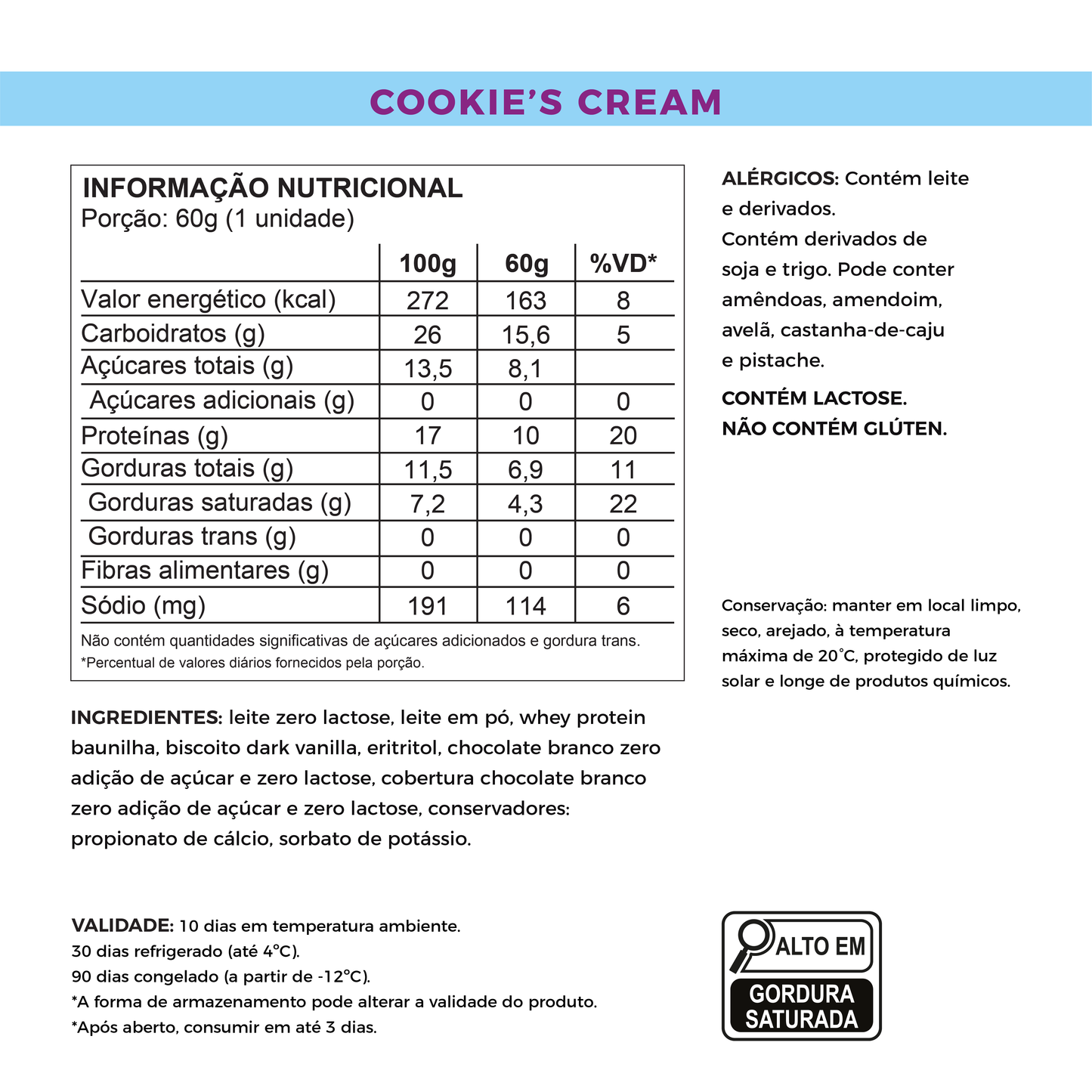 Cookies'n Cream - Sem Açúcar e Proteico (60g)