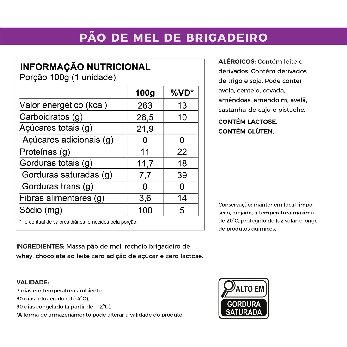 Tabela nutricional pão de mel de brigadeiro de whey, zero açúcar, proteico, laricas fitness