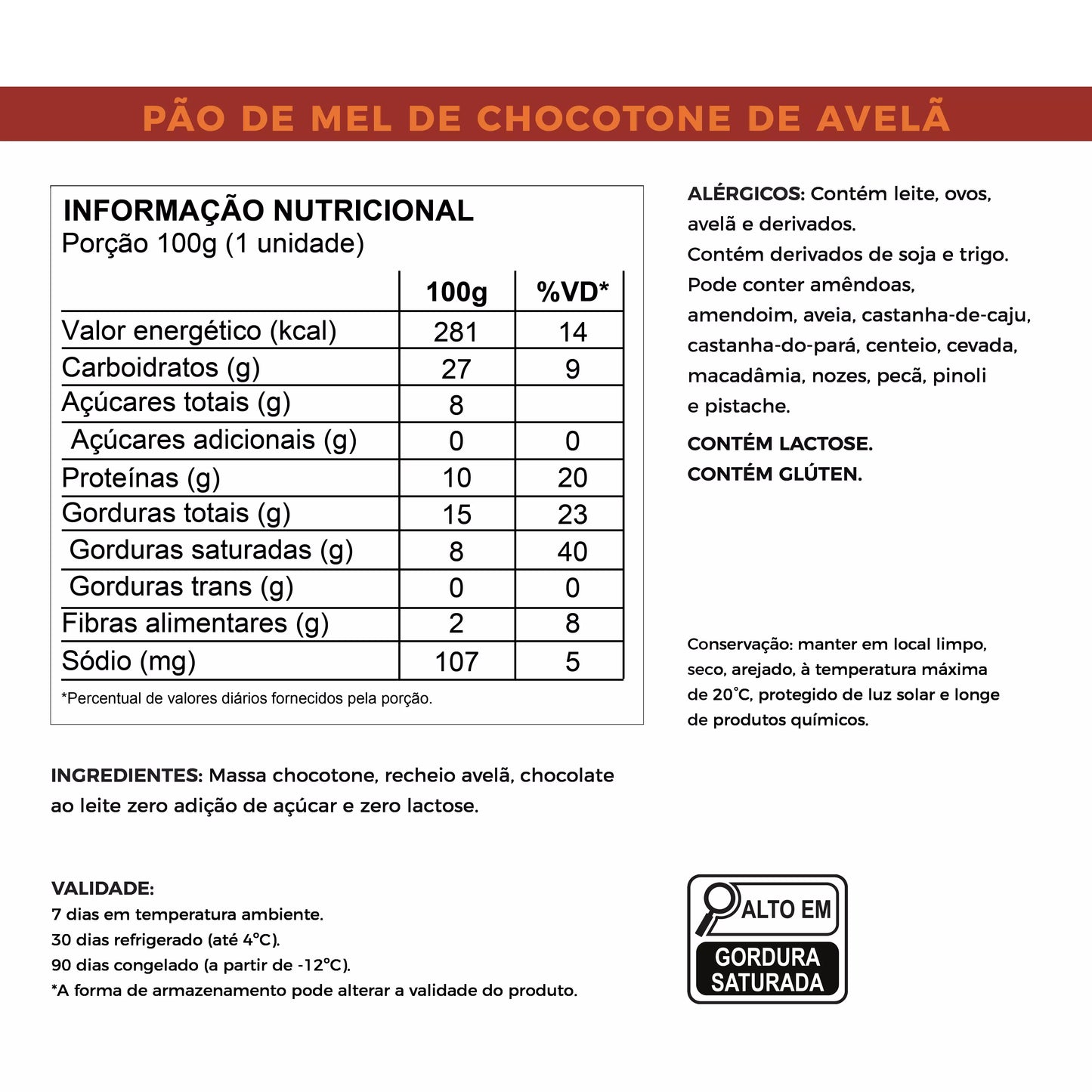 Pão de mel de chocotone de avelã tabela nutricional laricas fitness