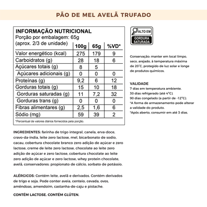 Pão de Mel Sem Adição de Açúcares - Avelã Trufado com Whey Protein | 100g