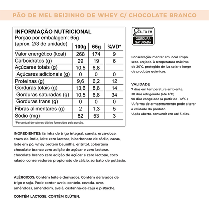 Pão de Mel Sem Adição de Açúcares – Beijinho Chocolate Branco com Whey Protein | 100g
