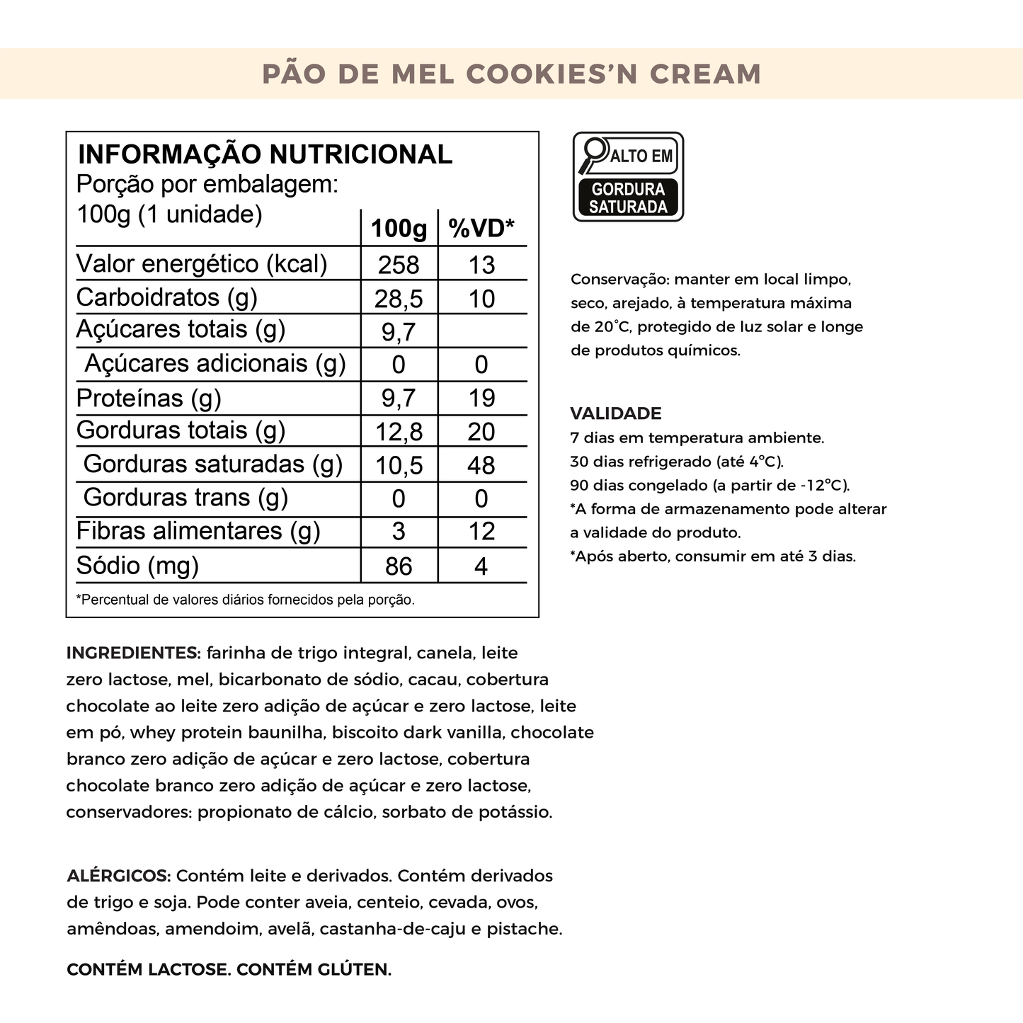Pão de Mel Sem Adição de Açúcares - Cookies’n Cream com Whey Protein | 100g