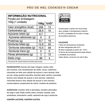 Pão de Mel Sem Adição de Açúcares - Cookies’n Cream com Whey Protein | 100g
