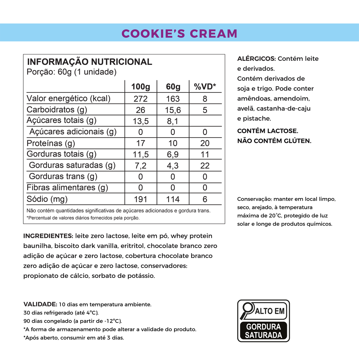 Cookies'n Cream - Sem Açúcar e Proteico (60g)