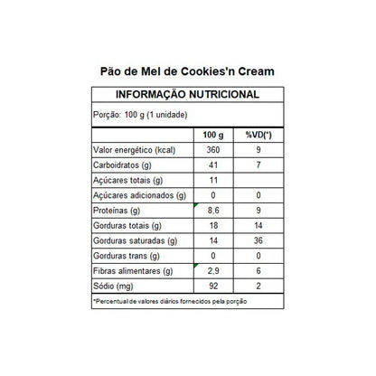 Tabela nutricional Pão de mel cookies’n cream com chocolate branco e whey protein