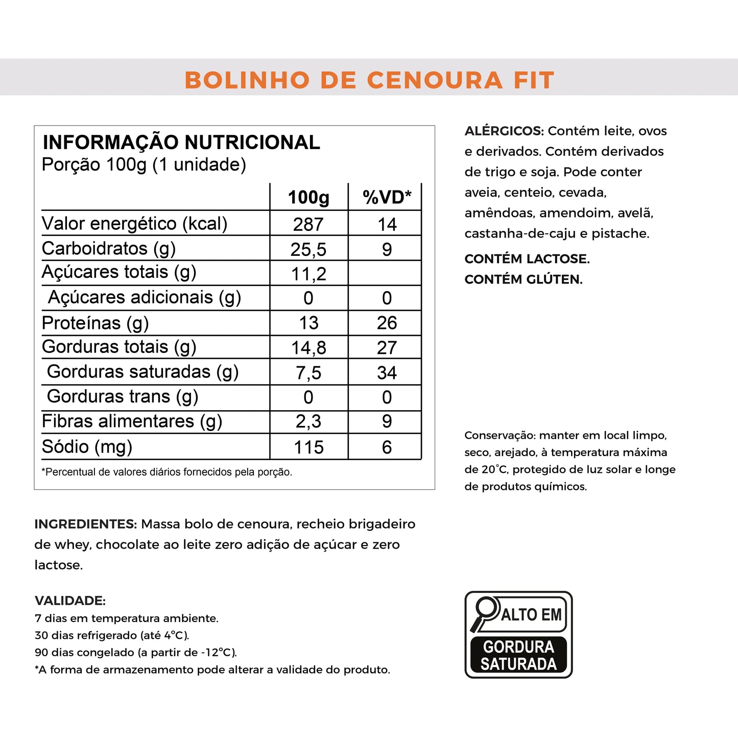 Tabela nutricional bolinho de cenoura fit com proteina, whey protein, baixo em calorias, laricas fitness