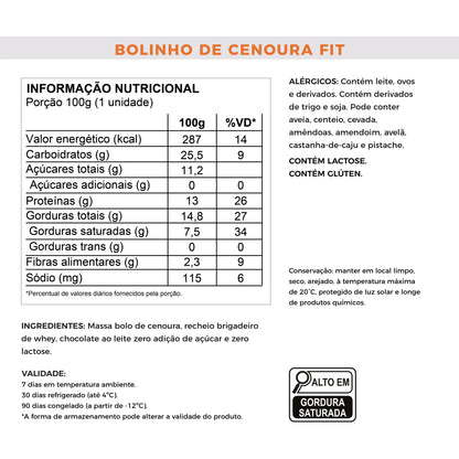 Tabela nutricional bolinho de cenoura fit com proteina, whey protein, baixo em calorias, laricas fitness