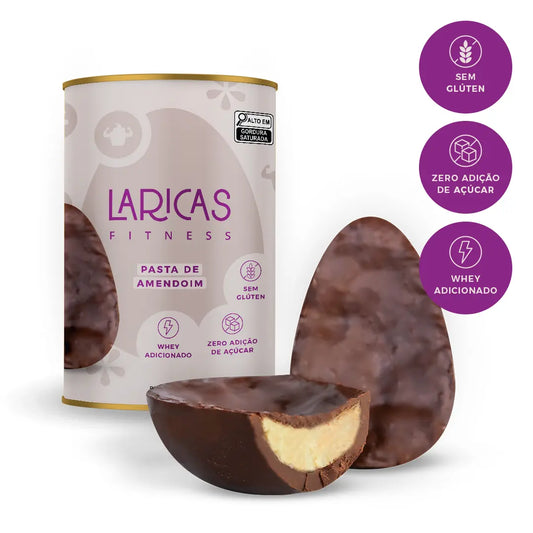 Ovo de Páscoa fit recheado com pasta de amendoim, whey protein, sem glúten e sem açúcar adicionado. 250g