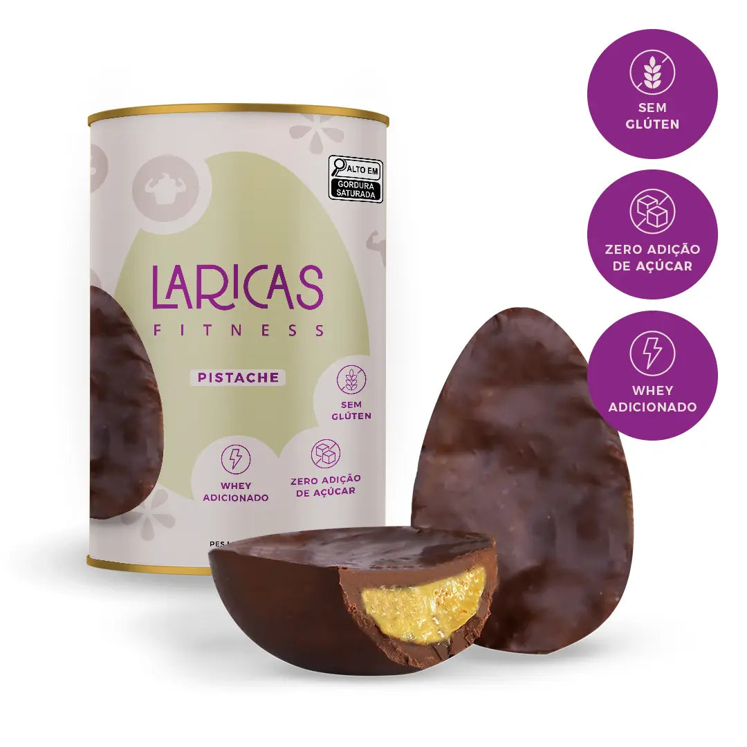 Ovo de Páscoa saudável sabor pistache com chocolate ao leite, sem glúten, com whey e zero açúcar.