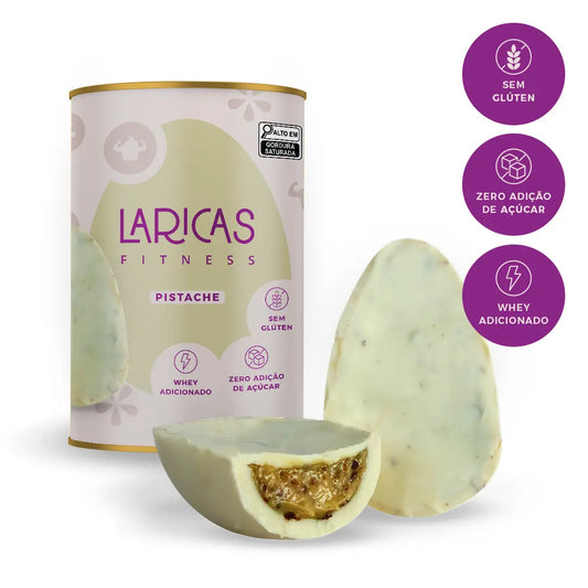 Ovo de Páscoa proteico sabor pistache com cobertura de chocolate branco, sem glúten, zero açúcar e com whey adicionado.