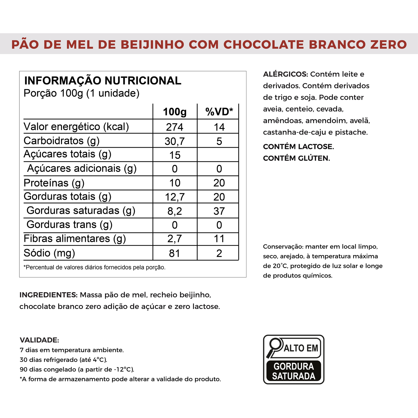 Pão de Mel de Beijinho com Cobertura de Chocolate Branco - Sem Açúcar e Proteico (100g)