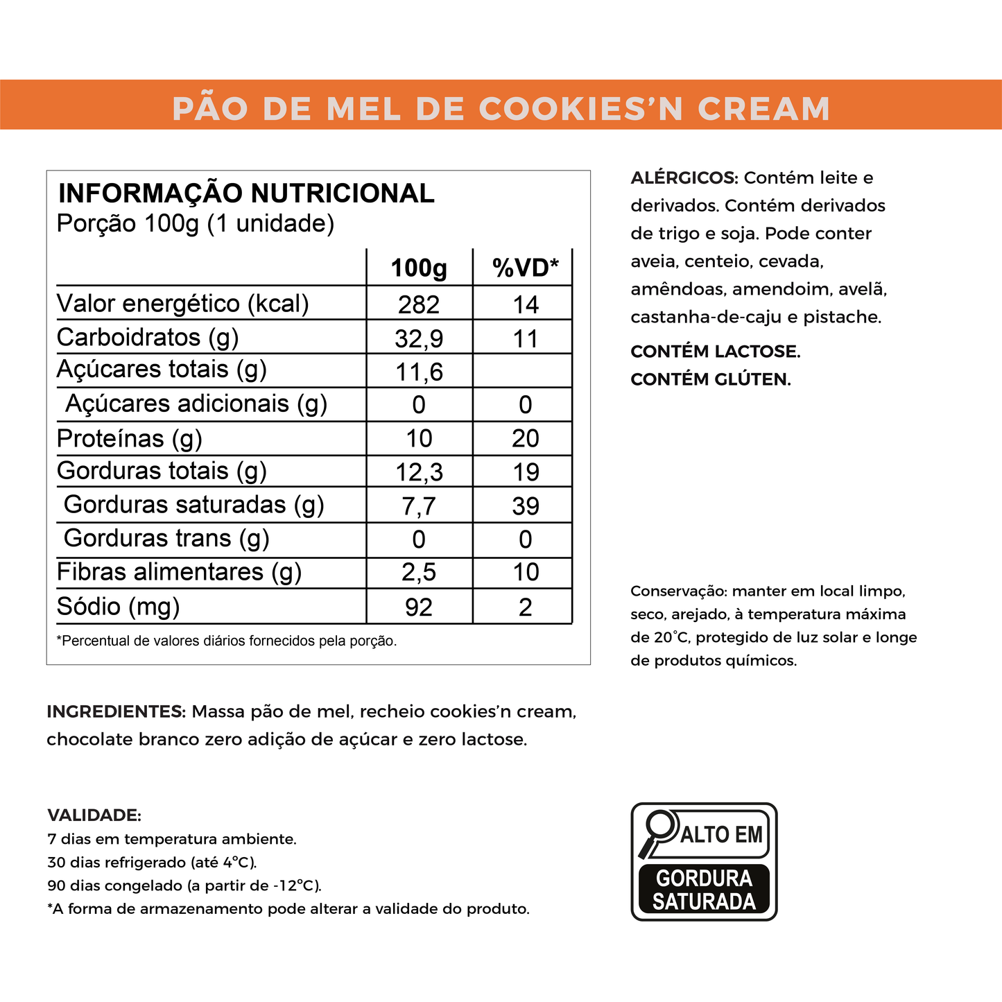 Pão de Mel de Cookies'n Cream - Sem Açúcar e Proteico (100g)